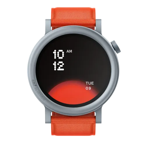 The CMF Watch Pro 2 in Ash Grey with a curved bezel and orange leather strap