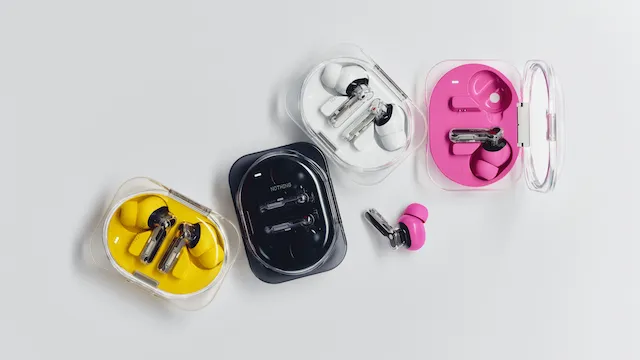 The Nothing Ear (3a) in yellow, black, white, & pink