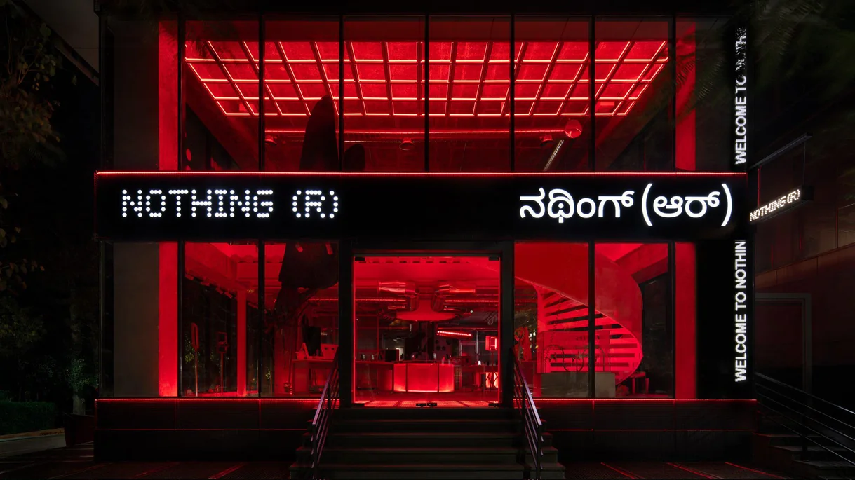 A photo of the Nothing Store Bengaluru during the night.