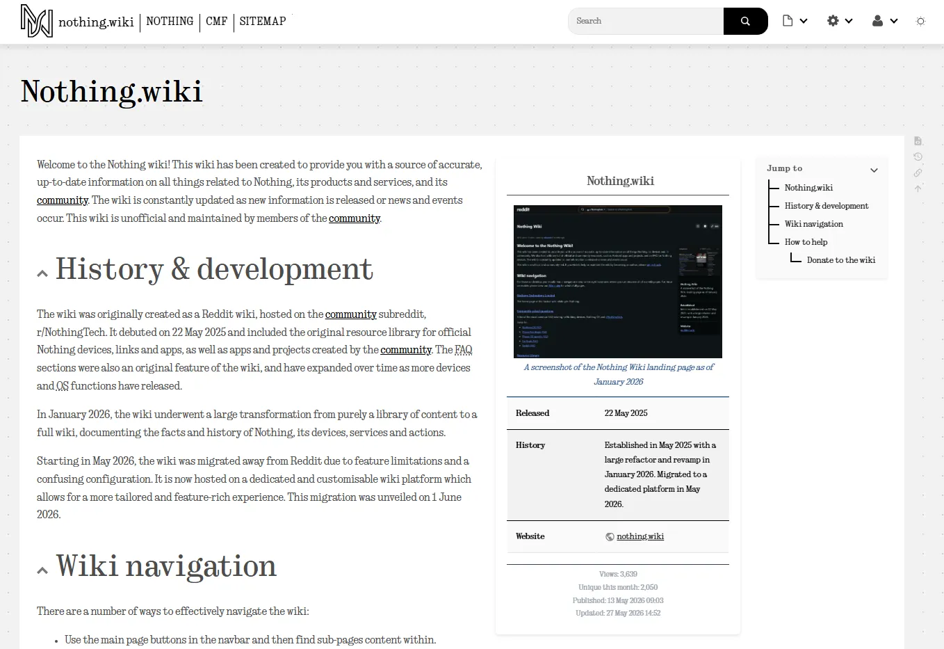 A screenshot of the Nothing Wiki landing page as of June 2026 A screenshot of the Nothing Wiki landing page as of June 2026